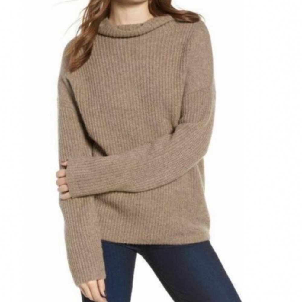 SW57 Chelsea28 Taupe Wool Blend Funnel Neck Oversized Ribbed Sweater Size XXS